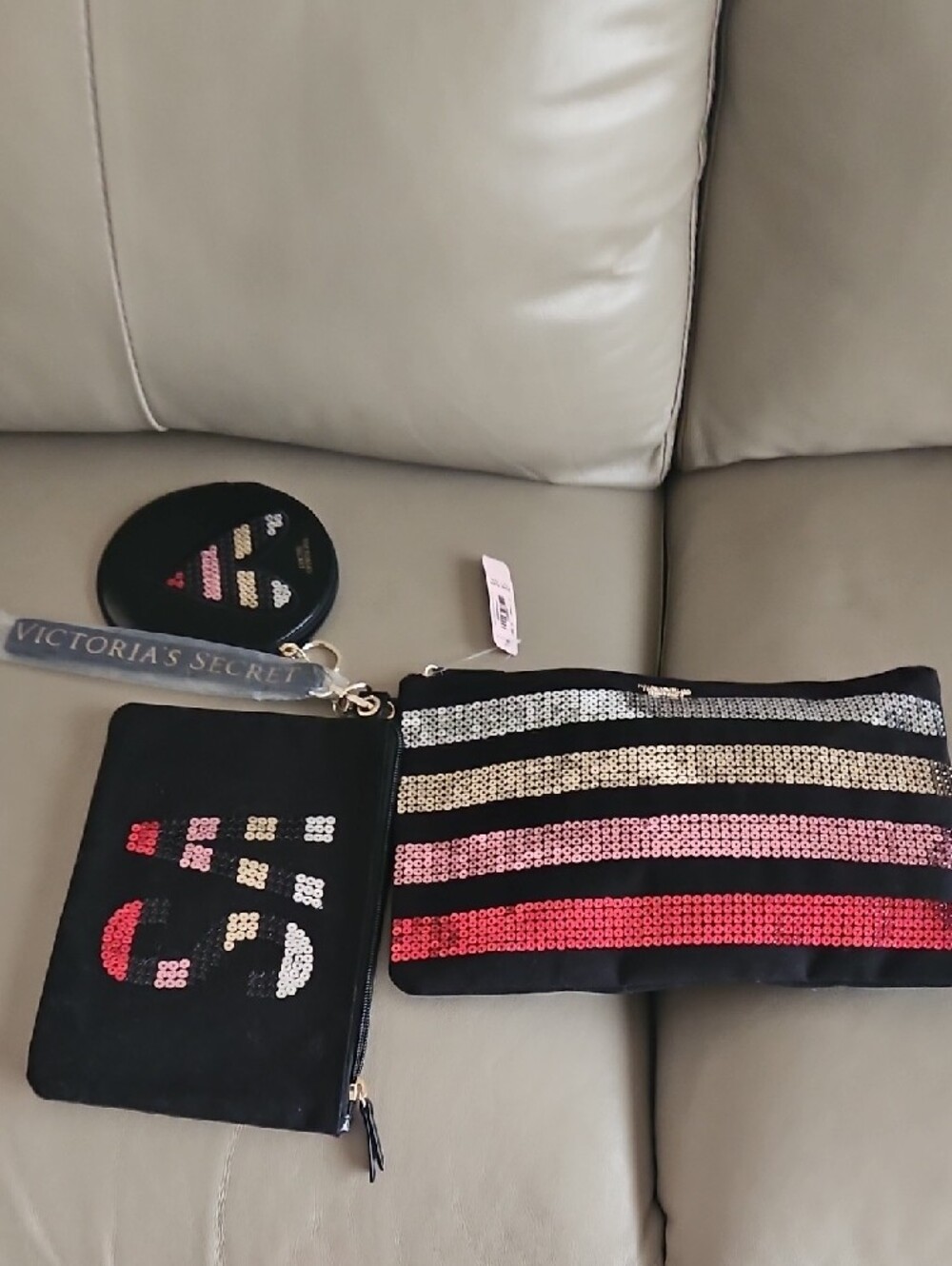 NWT 3 Victoria's Secret Black Sequin Stripe Pouch (Trio)